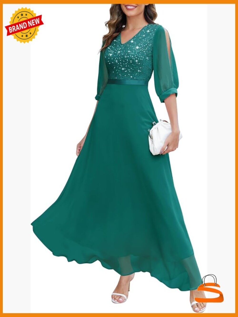 Glitter Sequin Maxi Dress with Split Sleeves Formal Evening Gown
